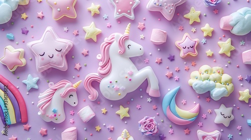 Trendy pastel purple kawaii background with cute air plasticine handmade cartoon animals unicorns clouds rainbows sweet marshmallows pattern Top view flat lay Candycore fairycore : Generative AI photo