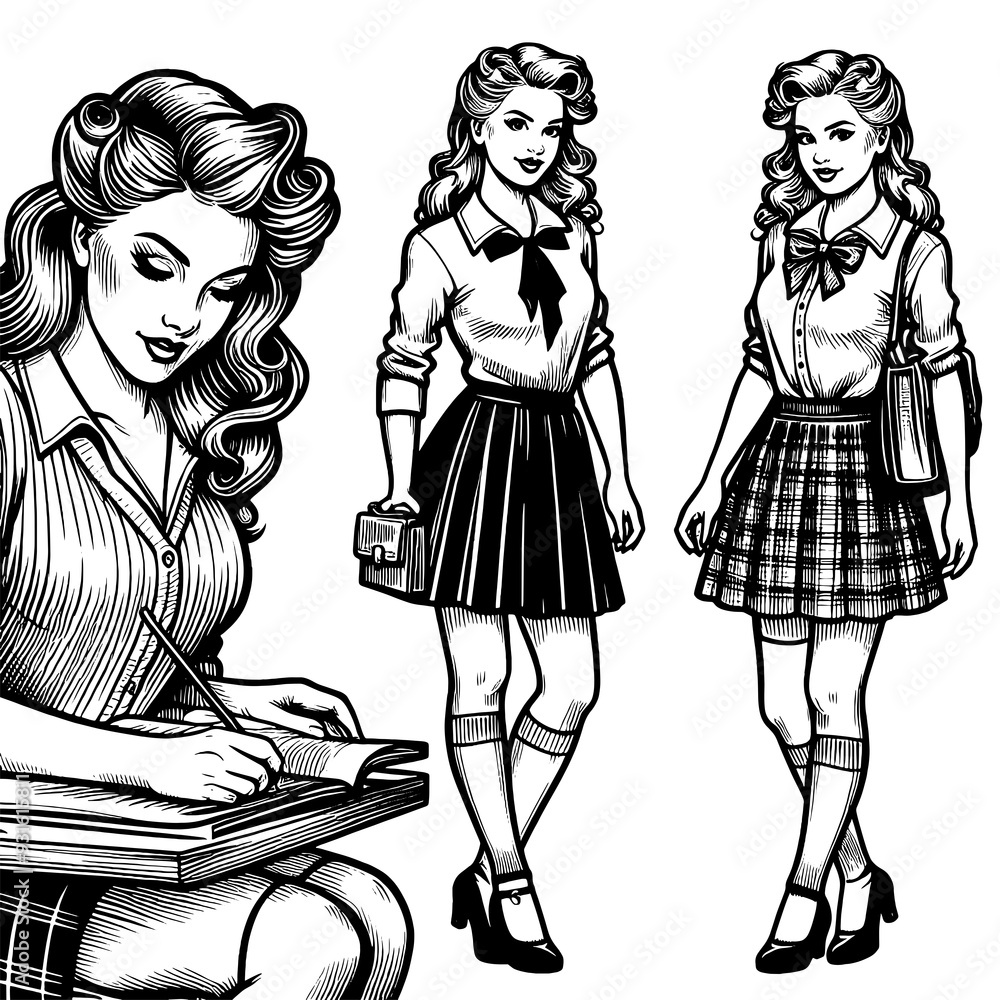 schoolgirls in uniforms, showcasing different poses and detailed retro fashion sketch engraving generative ai fictional character PNG illustration. Scratch board imitation. Black and white image. schoolgirls in uniforms, showcasing different poses and detailed retro fashion sketch engraving generative ai fictional character PNG illustration. Scratch board imitation. Black and white image.