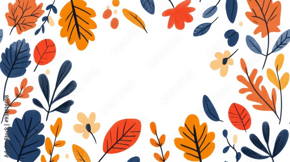 Obraz premium A modern autumn frame with geometric shapes and abstract leaf patterns, in vibrant fall colors, on a white background 