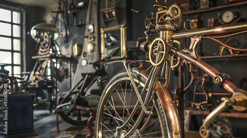 Steam punk bicycle with brass and copper components set against a backdrop of an interior filled with vintage steam punk objects