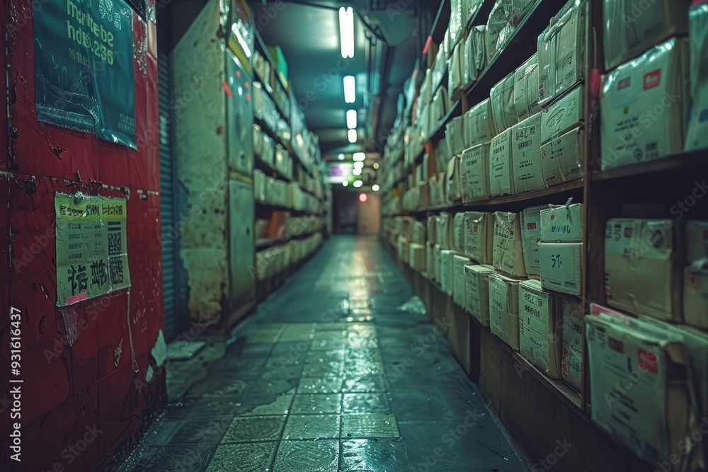 Fototapeta premium A mysterious, narrow, dimly-lit alleyway lined with shelves full of old packages and letters, evoking an atmosphere of untold stories and hidden secrets
