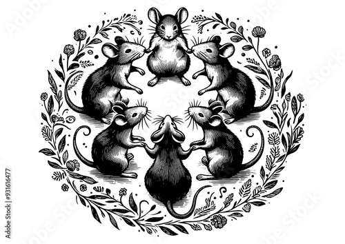 Wallpaper Mural Mice joyfully dancing in circle, holding hands, whimsical and playful scene in nature sketch engraving generative ai PNG illustration. Scratch board imitation. Black and white image. Torontodigital.ca
