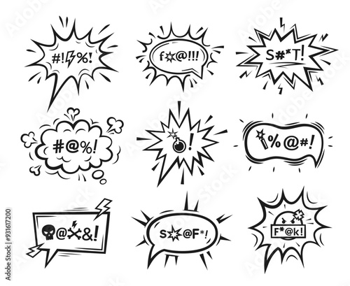 Comic swear speech bubbles. Hate angry talk, aggressive expletive curse. Vector set of clouds with expressive typography symbols. Black dialogue boxes convey intense emotions, aggression and profanity
