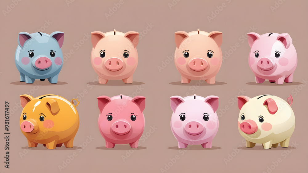 A collection of eight charming cartoon piggy banks in various colors on a brown background, representing savings and financial planning concepts. Ideal for finance, education, and children's theme A collection of eight charming cartoon piggy banks in various colors on a brown background, representing savings and financial planning concepts. Ideal for finance, education, and children's theme