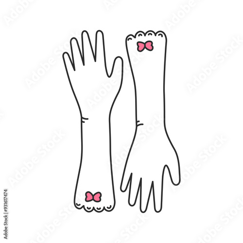 Coquette Vintage Woman Gloves. Elegant ladies dress. Hand drawn accessory for hands decorated with tied bow. Isolated outline vector illustration in doodle style