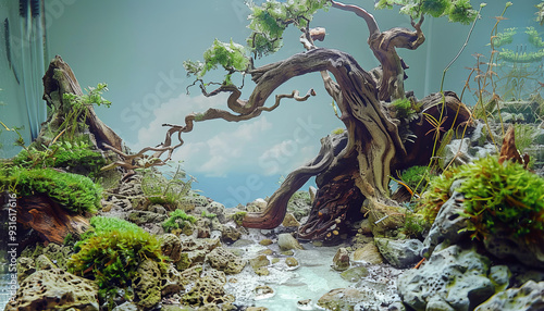 Aquarium hardscape, driftwood create old root tree, caves under the the bonsai photo