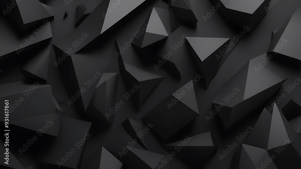 Abstract digital artwork featuring a geometric pattern of three dimensional, angular shapes consists of overlapping, irregular polygons with sharp edges and varying sizes