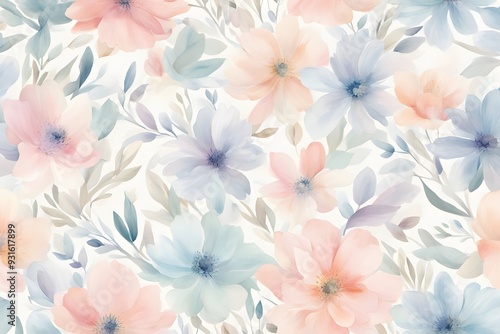 A soft floral pattern in pastel colors with a watercolor effect, Ai Generated