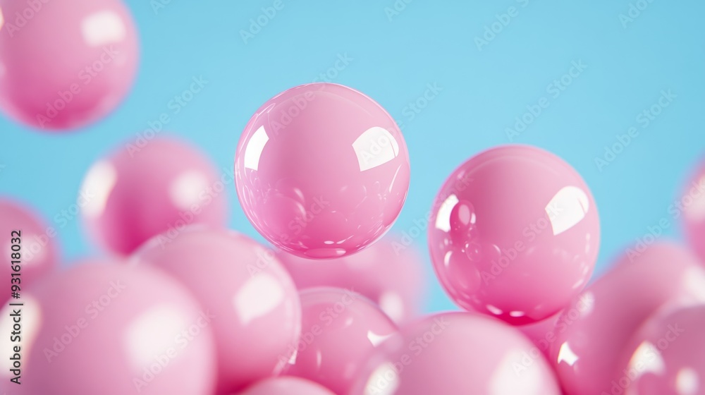 Close-up of bright pink bubble gum bubbles popping mid-air against a soft pastel blue background with glossy highlights and space for playful text Close-up of bright pink bubble gum bubbles popping mid-air against a soft pastel blue background with glossy highlights and space for playful text