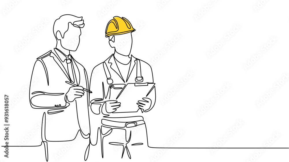 Single continuous line drawing of young construction manager giving instruction to builder coordinator at site meeting. Building architecture business concept. One line draw design vector Single continuous line drawing of young construction manager giving instruction to builder coordinator at site meeting. Building architecture business concept. One line draw design vector