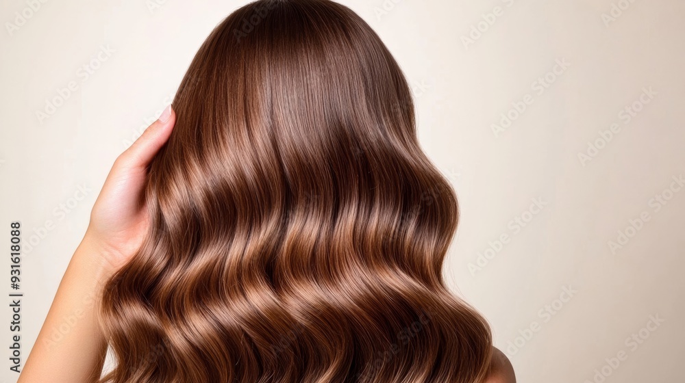 Closeup of a hand applying a serum to wavy hair, highlighting the smooth, glossy waves that result, white background Closeup of a hand applying a serum to wavy hair, highlighting the smooth, glossy waves that result, white background