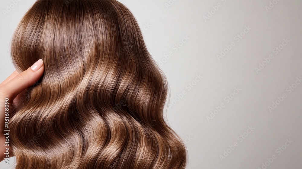 Fototapeta premium Closeup of a hand scrunching wavy hair to enhance the natural texture, showcasing defined, hydrated waves, white background 