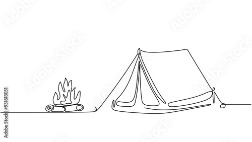 One line drawing of a camping tent and a campfire in nature. Outdoor adventure and travel concept, continuous line art of a tent and bonfire.