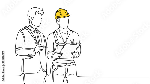 Single continuous line drawing of young construction manager giving instruction to builder coordinator at site meeting. Building architecture business concept. One line draw design vector