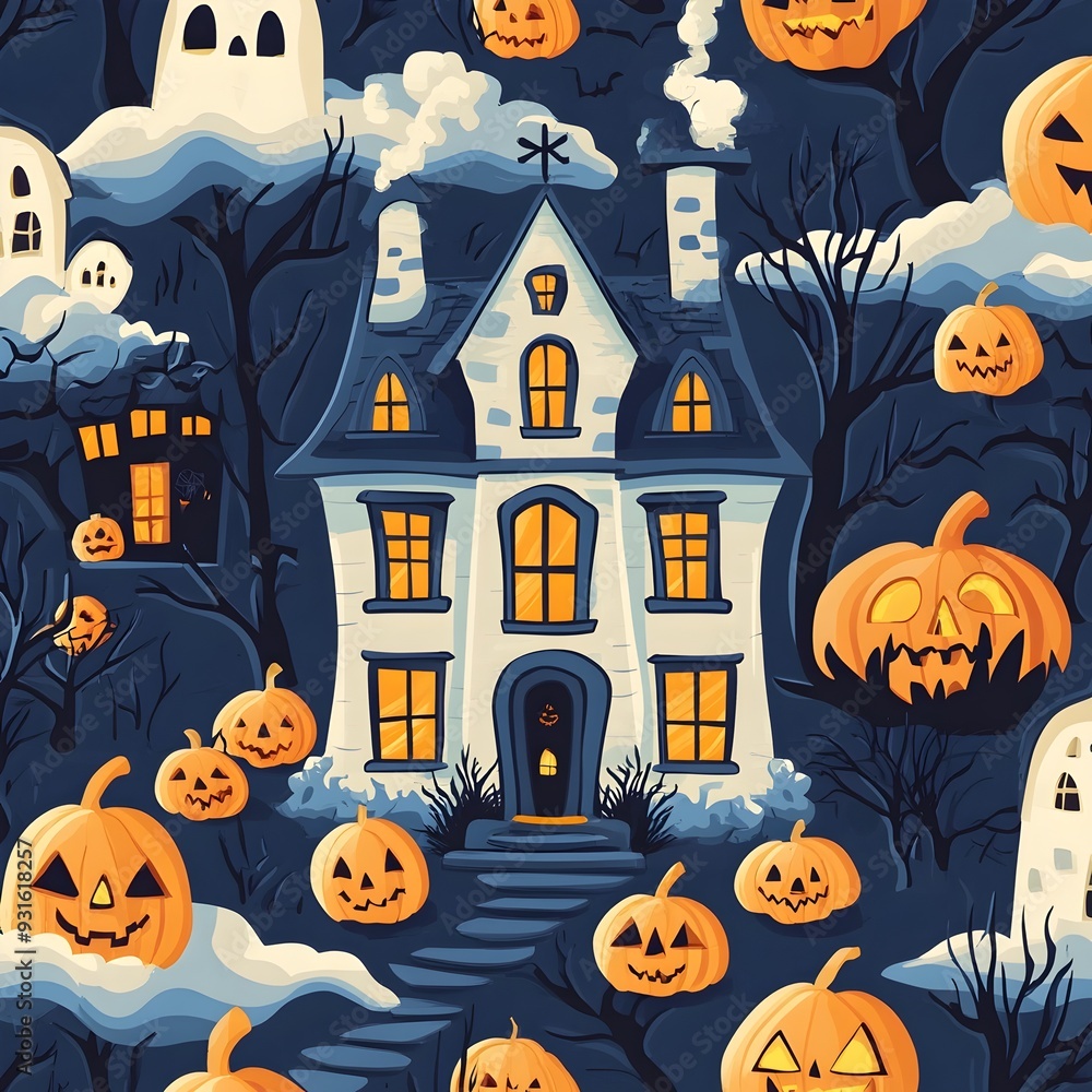 Fototapeta premium Cozy Haunted House in Halloween Cartoon Style with Pumpkins and Spooky Atmosphere