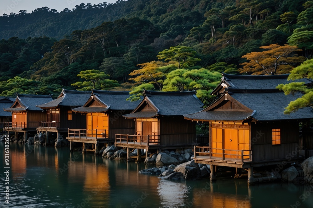 Fototapeta premium Kyoto, Japan at Ine Bay historic funaya boathouses at dusk.