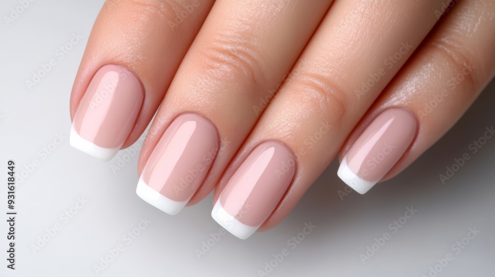 Closeup of hands with a soft French manicure, featuring pale pink nails with white tips, isolated on a white background Closeup of hands with a soft French manicure, featuring pale pink nails with white tips, isolated on a white background