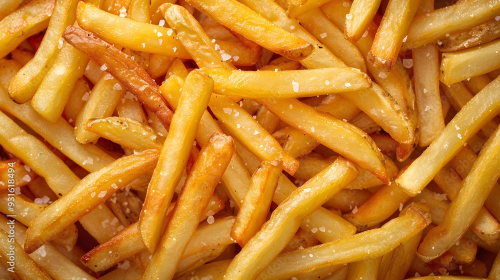 Close-up of perfectly fried French fries, showcasing their crispy exterior and fluffy interior, with a sprinkle of salt Close-up of perfectly fried French fries, showcasing their crispy exterior and fluffy interior, with a sprinkle of salt