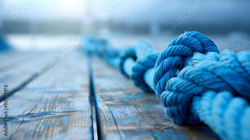 Close-Up of Blue Color Sailor Rope with Intricate Knots Displayed on a Boat with a Softly Blurred Background photo