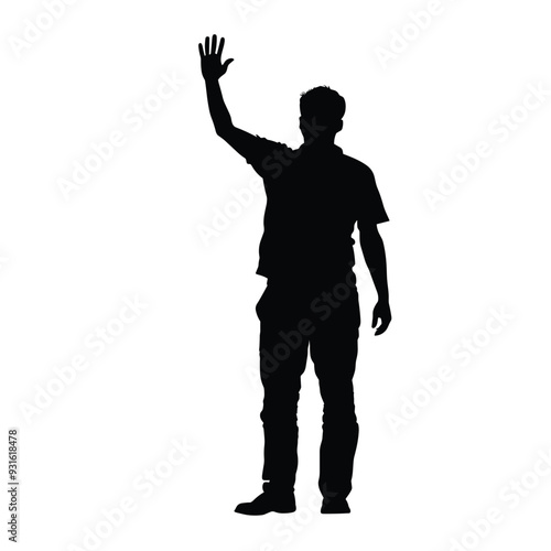 Silhouette of a man raising his hand in a waving gesture on a white background.