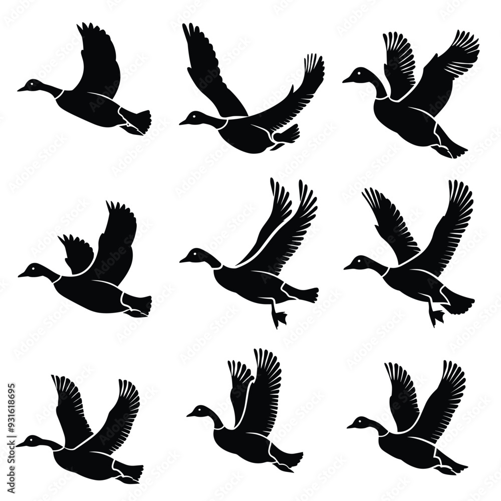 Obraz premium Silhouette illustrations of nine ducks in various flying poses on a white background.