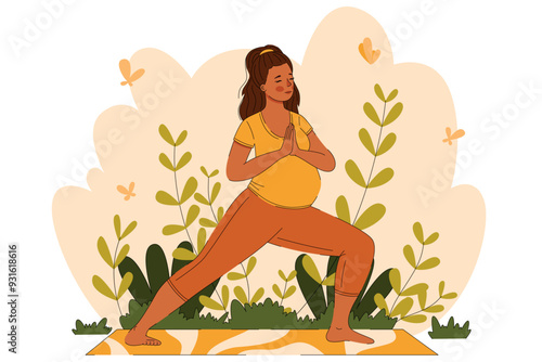 Cartoon of a pregnant woman doing pilates. isolated vector shows a prenatal fitness activity, promoting physical health and active motherhood