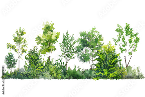 Green trees and shrubs summer forest, isolated on transparent background. Detailed and vibrant foliage jungle rain forest trees, 3d rendering