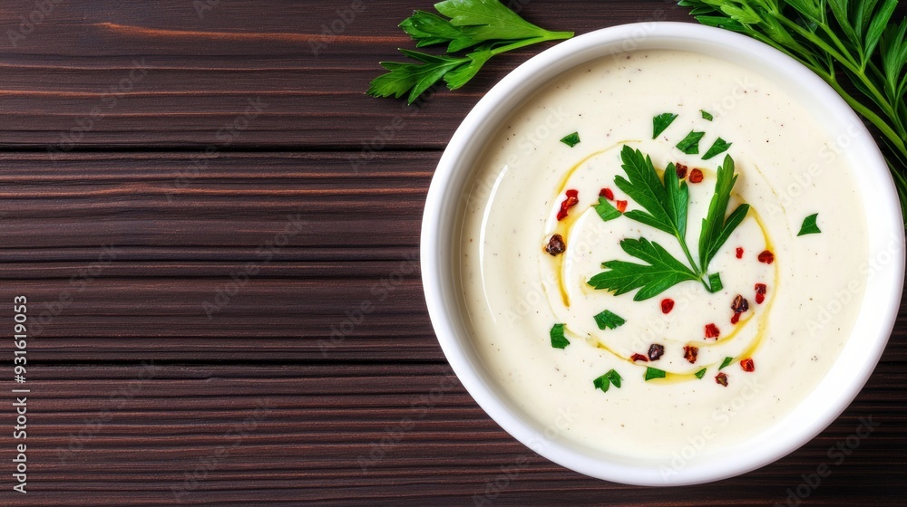 Creamy ranch sauce swirling in a white dipping bowl topped with herbs and pepper flakes isolated on a textured wooden background rustic food presentation concept Creamy ranch sauce swirling in a white dipping bowl topped with herbs and pepper flakes isolated on a textured wooden background rustic food presentation concept