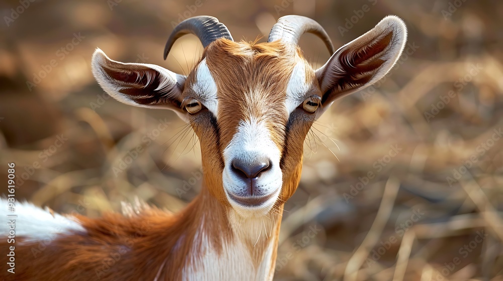 Fototapeta premium A close up of a brown and white colored young male goat