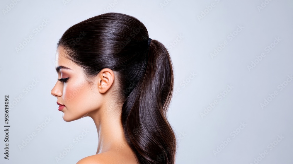Naklejka premium Dark mahogany hair in a high ponytail, showcasing its deep tones, isolated on a white gradient background 