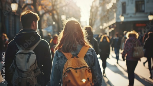 Couple Walking in City with Backpacks