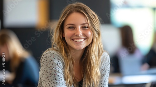 Portrait of smiling student against the background of university auditorium