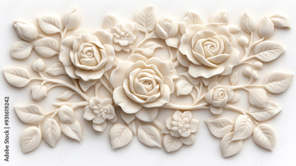 Elegant butter sculpture of blooming roses and vines intertwined, isolated on a white background with delicate shadows emphasizing the intricate carvings Elegant butter sculpture of blooming roses and vines intertwined, isolated on a white background with delicate shadows emphasizing the intricate carvings