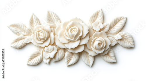 Elegant butter sculpture of blooming roses and vines intertwined, isolated on a white background with delicate shadows emphasizing the intricate carvings  photo