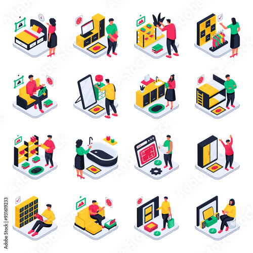Set of Interior Design Isometric Illustrations 

