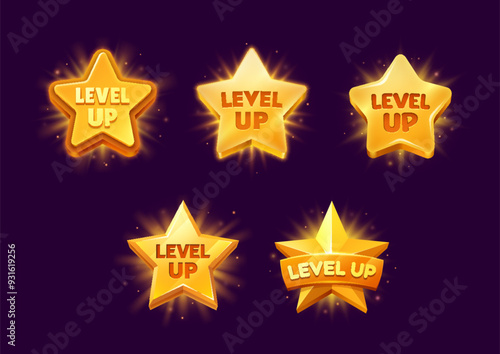 Level up rank, game star badges or pop up icons. Isolated vector golden, award gui or ui medals, shiny rank achievement. Rating bonus stars, winner or champion appreciation menu interface elements set