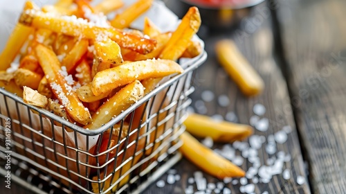 Freshly fried French fries sprinkled with sea salt, served in a vintage wire basket for a classic touch photo