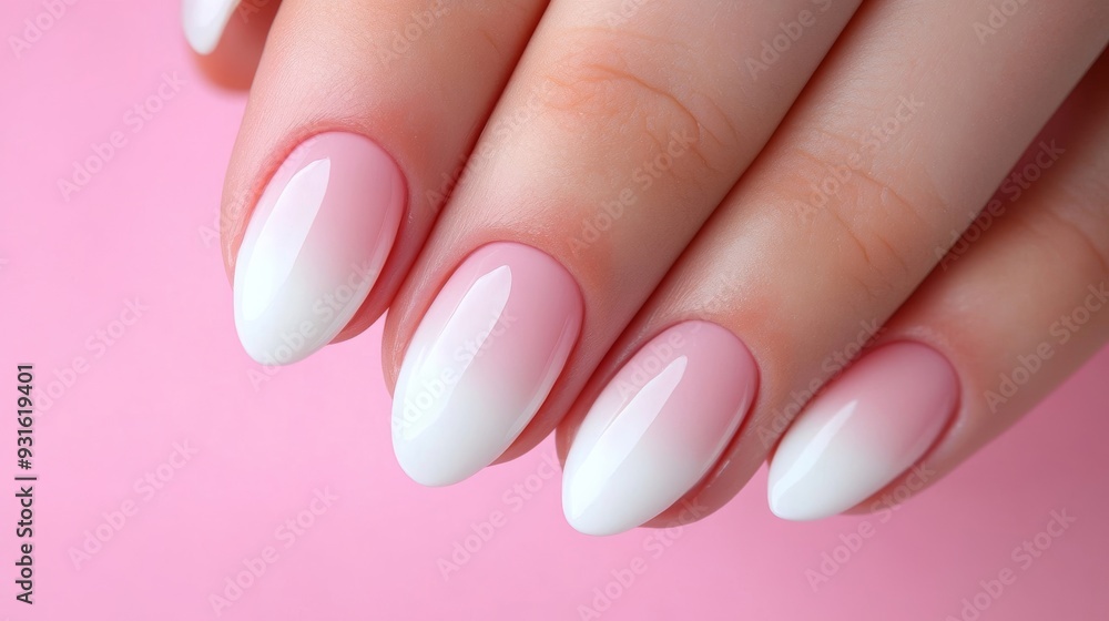 Elegant soft French manicure with rounded nails, pale pink base and white tips, set against a pastel pink background Elegant soft French manicure with rounded nails, pale pink base and white tips, set against a pastel pink background