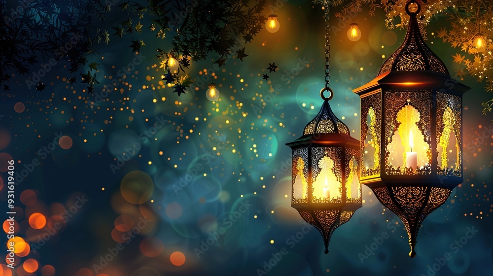 A serene illustration of decorative lanterns glowing against a dreamy background with soft bokeh lights. A serene illustration of decorative lanterns glowing against a dreamy background with soft bokeh lights.