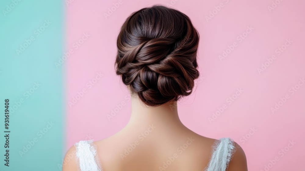 Elegant updo of dark mahogany hair with subtle highlights, set against a soft pastel background Elegant updo of dark mahogany hair with subtle highlights, set against a soft pastel background