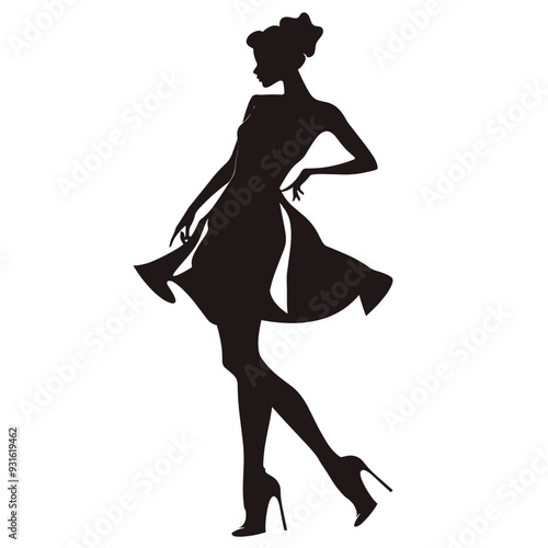 Silhouette of a woman in a trendy dress and high heels, striking a confident pose.