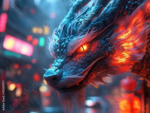 cyberpunk chinese dragon neoninfused scales and glowing eyes futuristic urban backdrop with holographic advertisements and flying vehicles photo