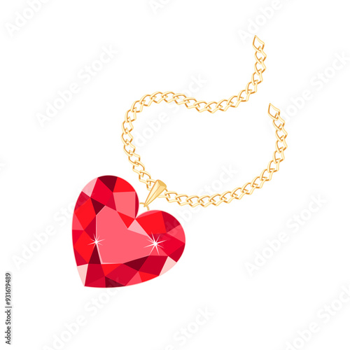 Gold chain with red heart shaped diamond. Vector cartoon illustration of jewelry. 