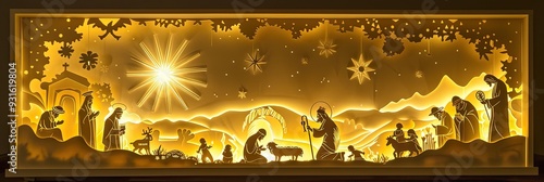 A traditional nativity scene rendered in a 3D paper cut style, featuring layered elements like the manger, Mary, Joseph, baby Jesus, the star, and the Three Wise Men photo