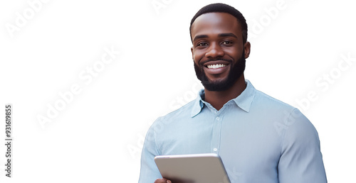 Black man with ipad looking at the camera on transparent background
