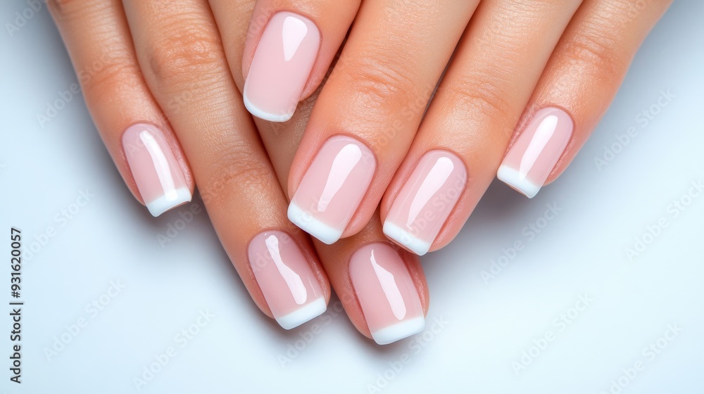 Hands with a soft French manicure, nails featuring a delicate white tip over a pale pink base, against a light, textured background Hands with a soft French manicure, nails featuring a delicate white tip over a pale pink base, against a light, textured background