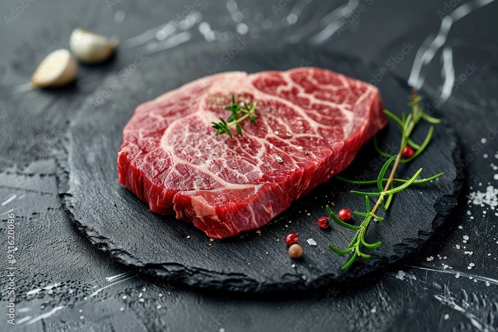 A fresh cut of marbled beef steak displayed on a slate plate, garnished with herbs and spices. A fresh cut of marbled beef steak displayed on a slate plate, garnished with herbs and spices.