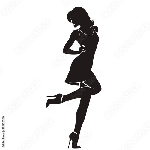 Silhouette of a woman in a dress and high heels striking a playful pose on a white background.
