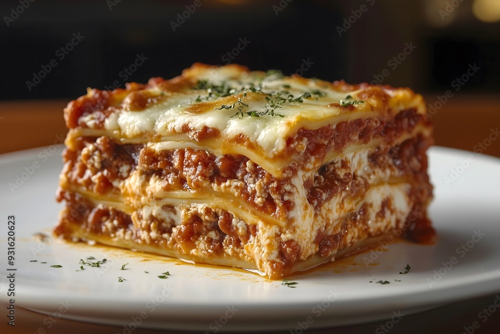 A slice of freshly made lasagna isolated on a white plate A slice of freshly made lasagna isolated on a white plate