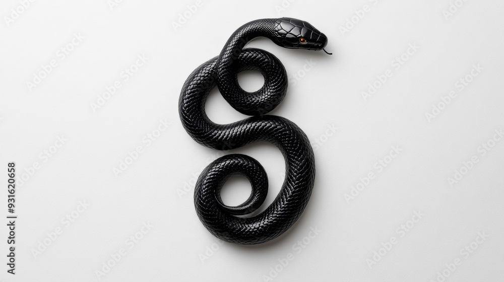 Fototapeta premium Minimalist New Year poster with a stylized black snake forming the digits of the year sleek design with white background and metallic accents for a modern look 